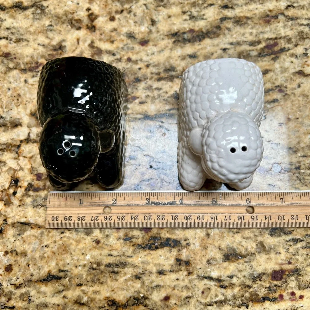 Vintage Artmark Ceramic Sheep Salt & Pepper Shakers Black White Lamb Set 90s